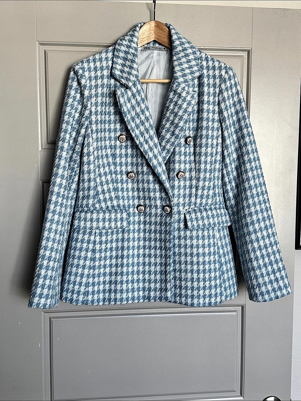 NWOT Zara Houndstooth Double-Breasted Blazer Blue & White, M